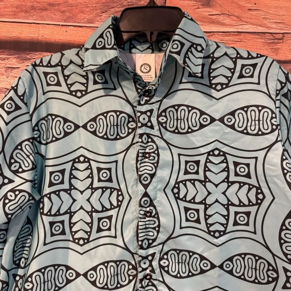 Geometric Aztec Tribal Print Shirt Mens L Turquoise Teal Polyester Festival Ibiz